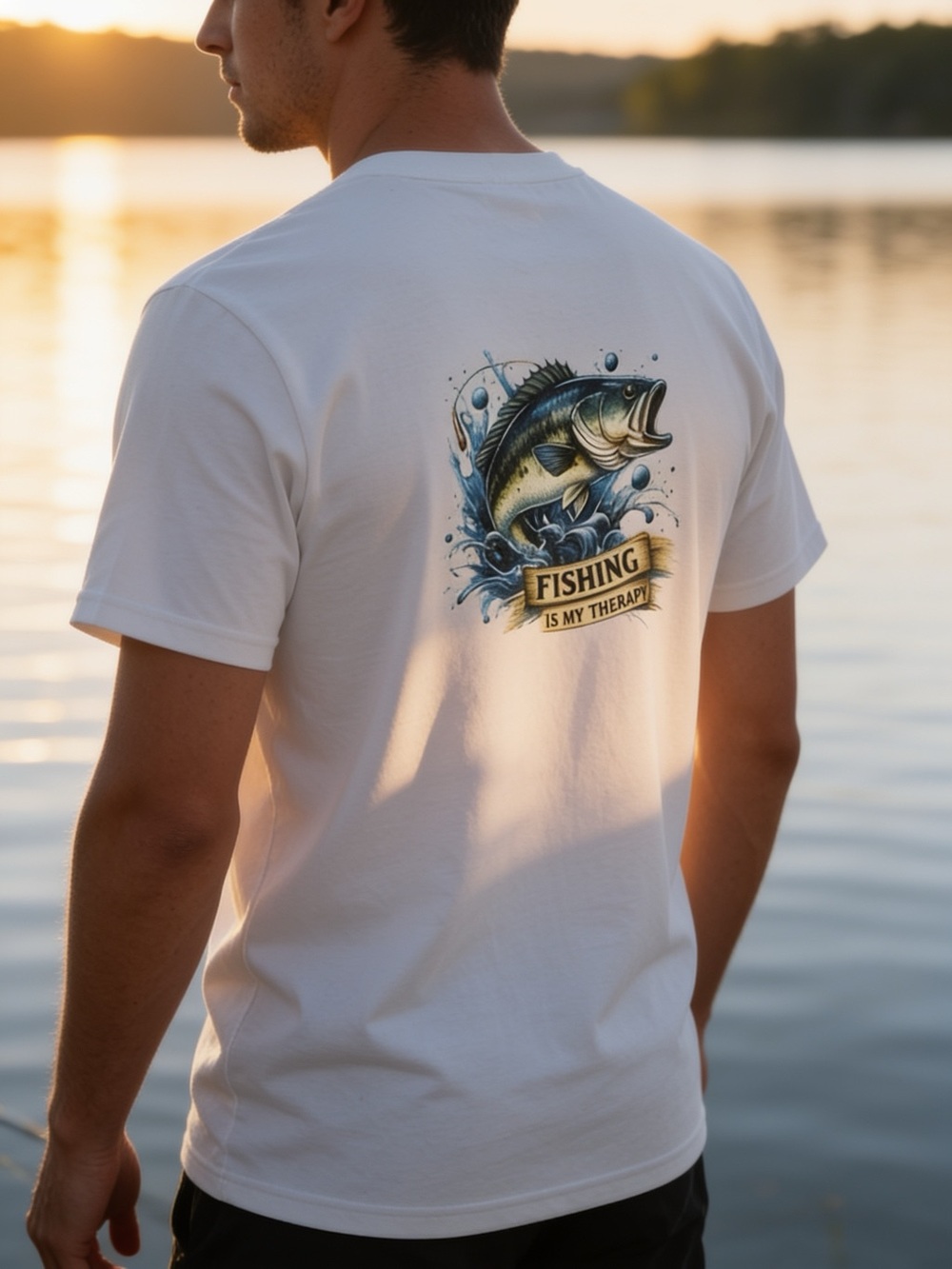 Gildan White Tee with Blue and Green Bass Splash Graphic